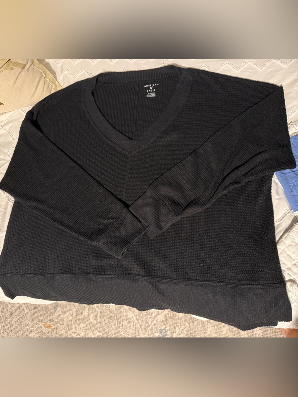 American Eagle Outfitters Black Waffle Knit V-Neck Long Sleeve
